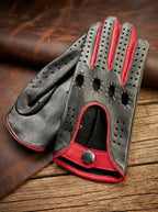 Women’s Driving Gloves – Black Lambskin with Red Highlights, Handcrafted
