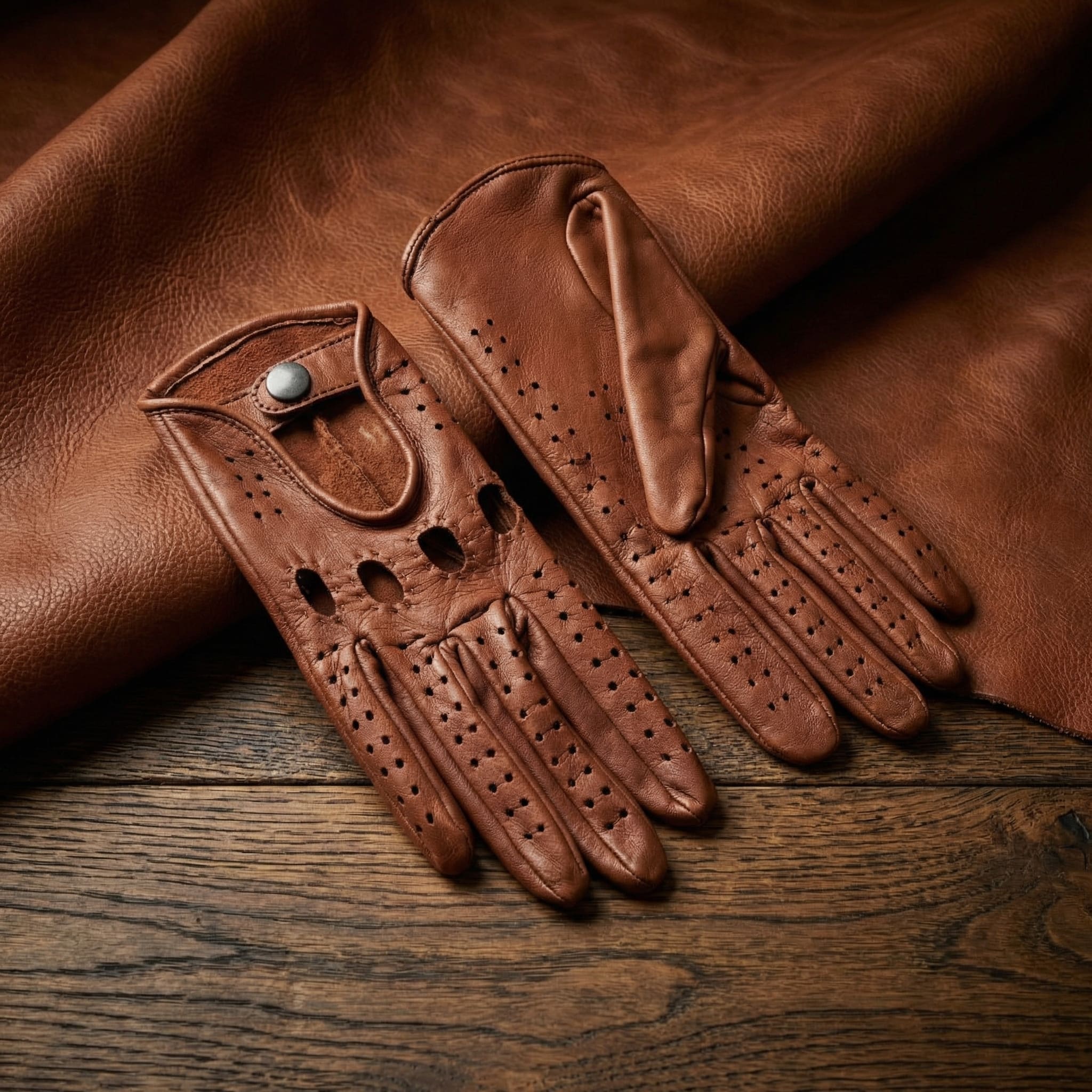 Women’s Cognac Lambskin Driving Gloves with Inside Stitching