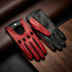 Women’s Black & Red Lambskin Driving Gloves – Hand Made with Side & Inside Stitching