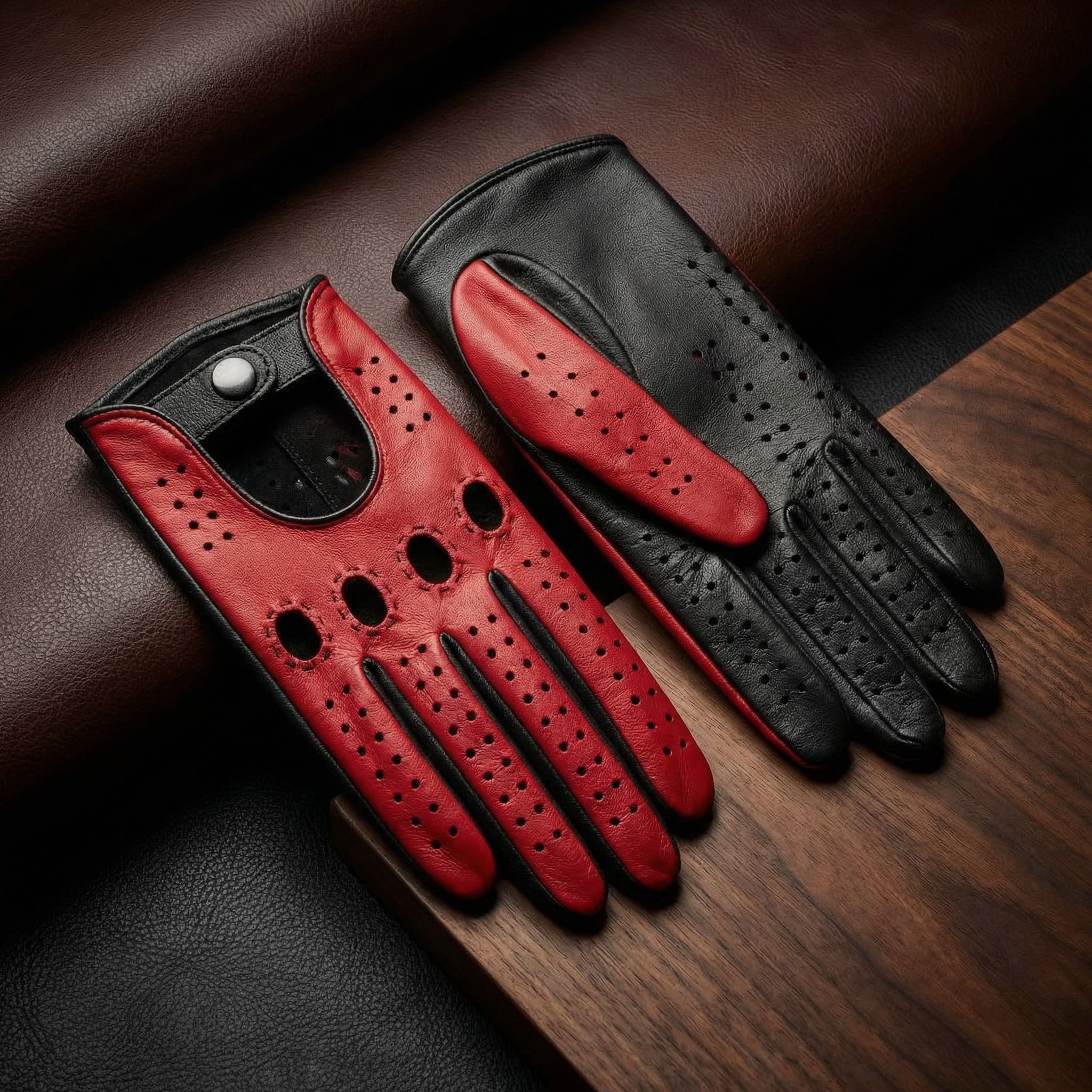 Women’s Black & Red Lambskin Driving Gloves – Hand Made with Side & Inside Stitching