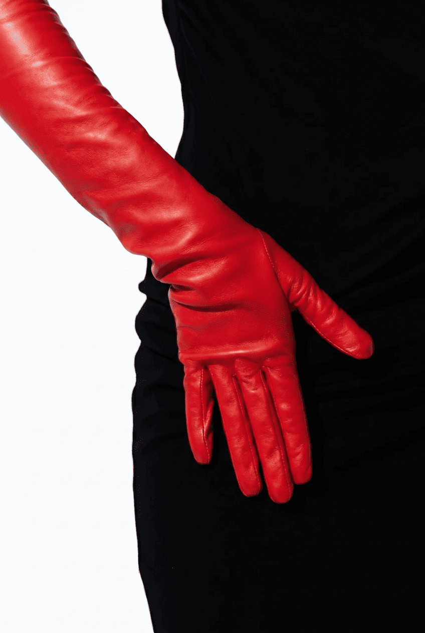 Women’s Opera Long Leather Gloves – Red, Silk Lined, 40–42 cm