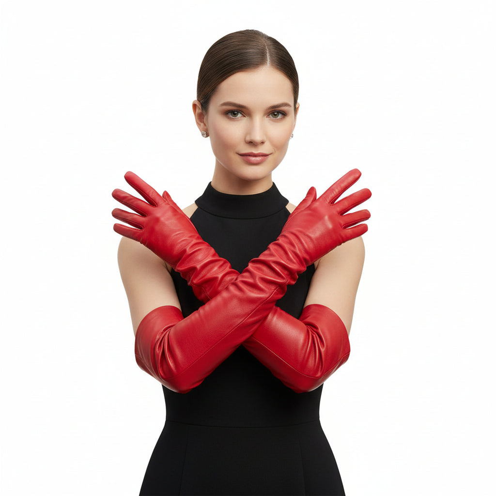Women’s Opera Long Leather Gloves – Red, Silk Lined, 40–42 cm