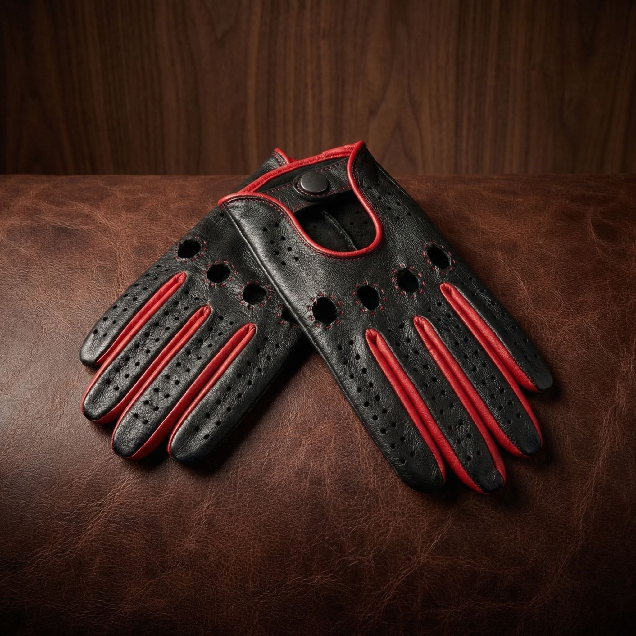 Women’s Black Nappa Driving Gloves with Red Accent and Inside Stitching