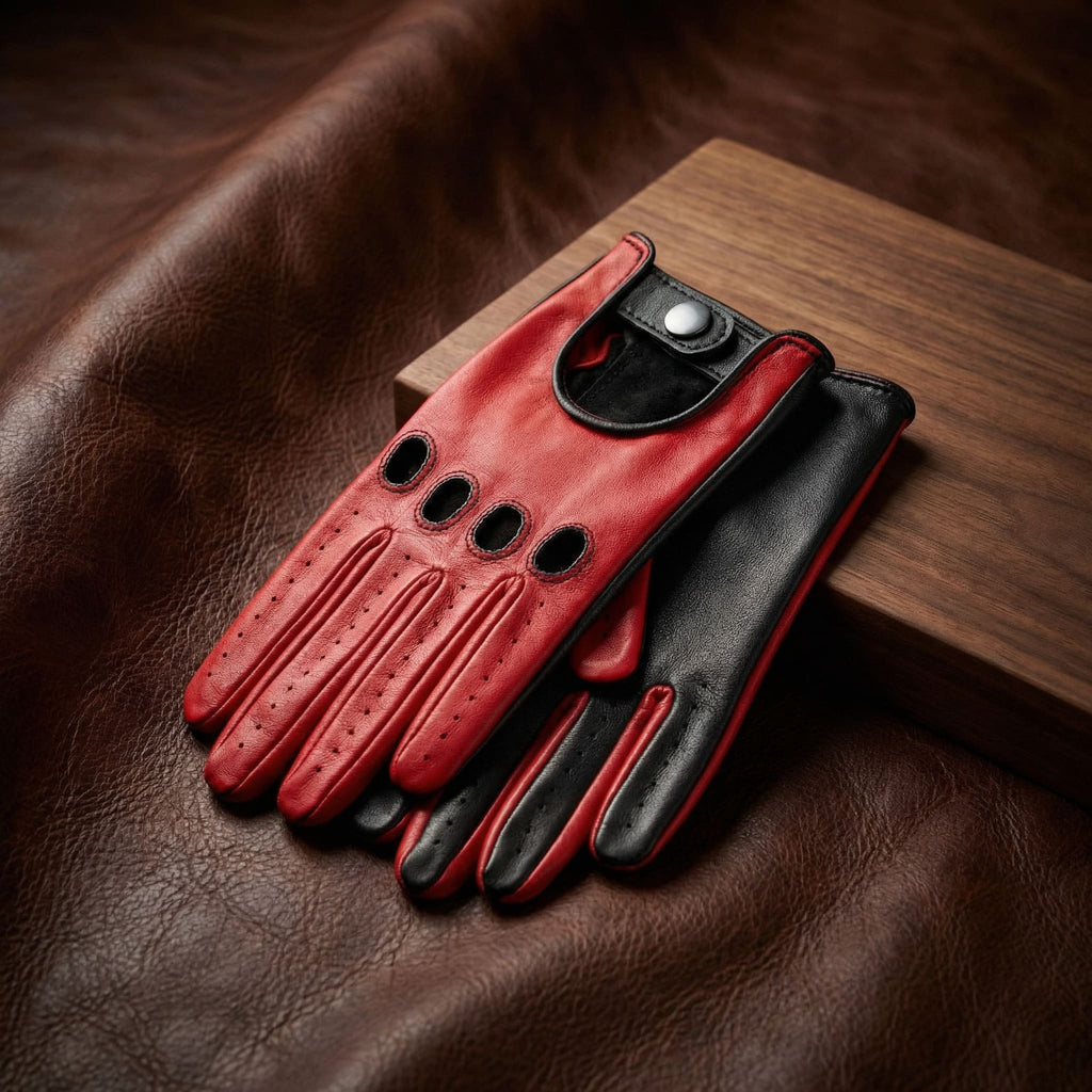 Women’s Lambskin Driving Gloves – Red Top with Back and Palm Detail