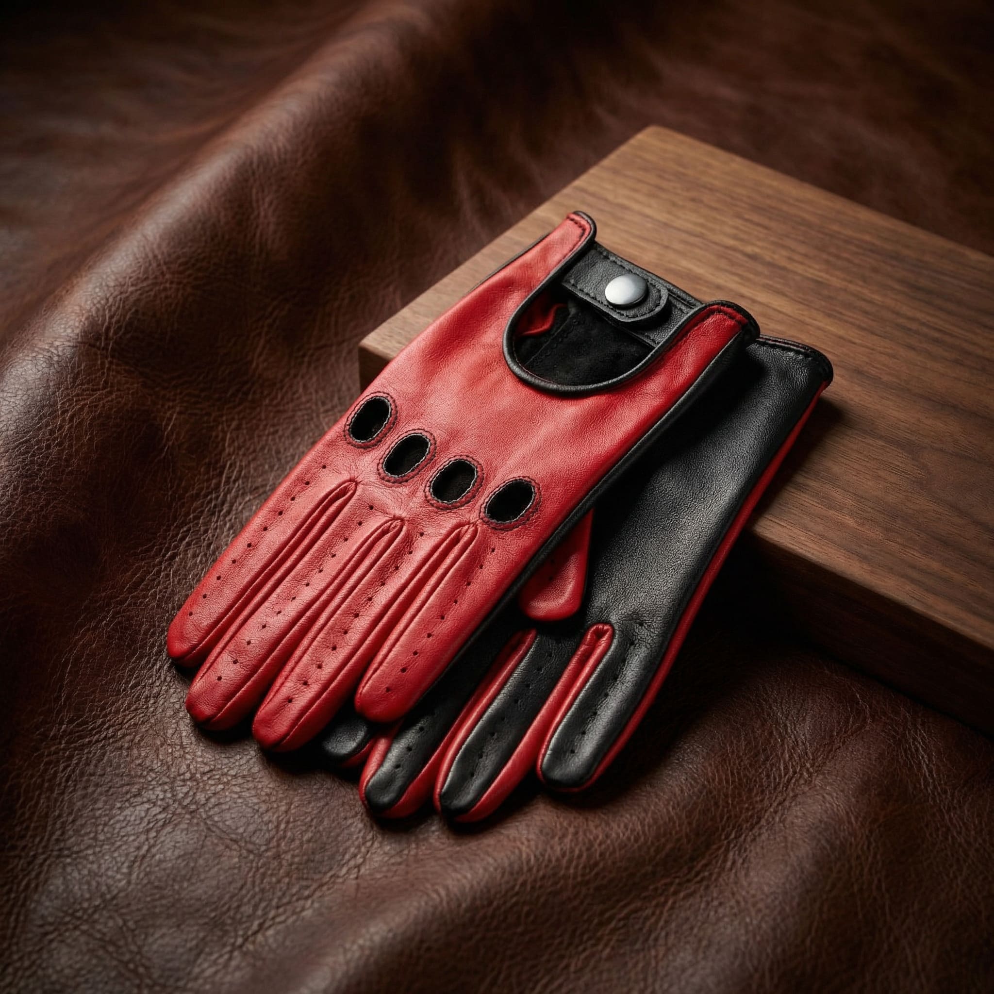 Women’s Lambskin Driving Gloves – Red Top with Back and Palm Detail