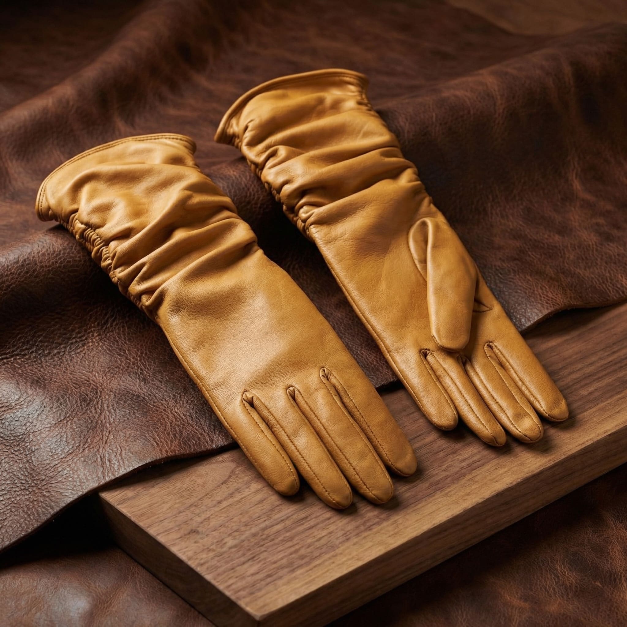 Women’s Semi-Long Yellow Lambskin Gloves – Silk Lined