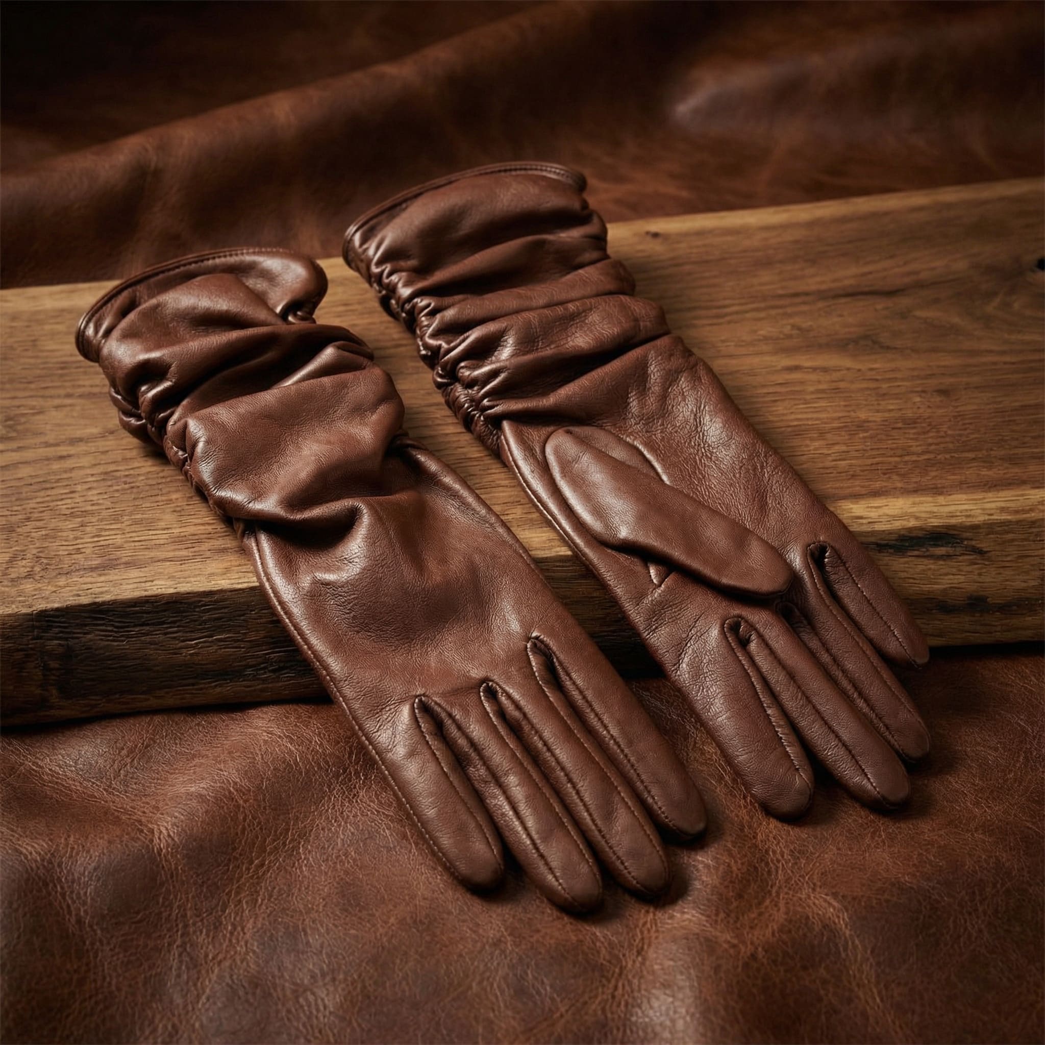 Women’s Semi-Long Cognac Lambskin Gloves – Silk Lined