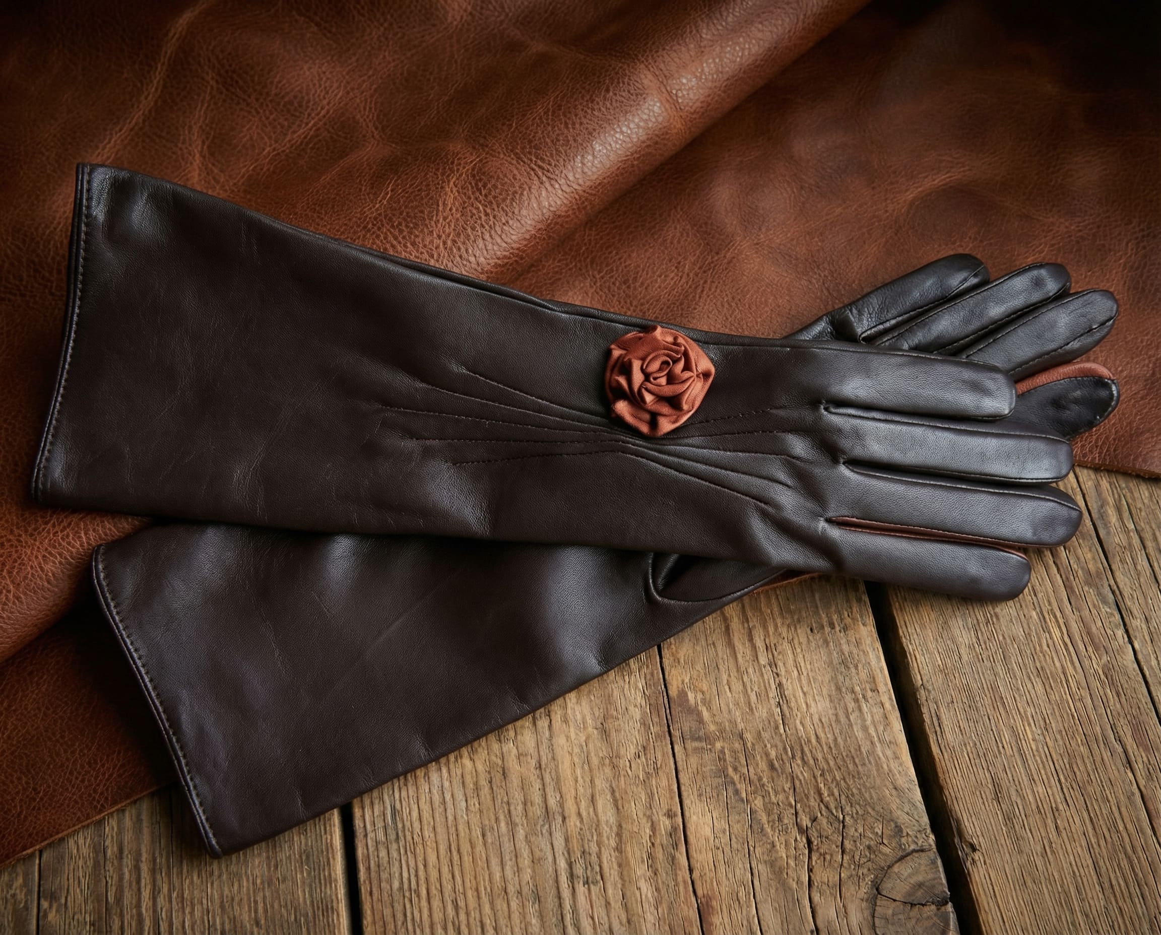 Women's Semi-Long Leather Gloves Italian Nappa Leather Silk Lined with Rose Design 28-30 CM