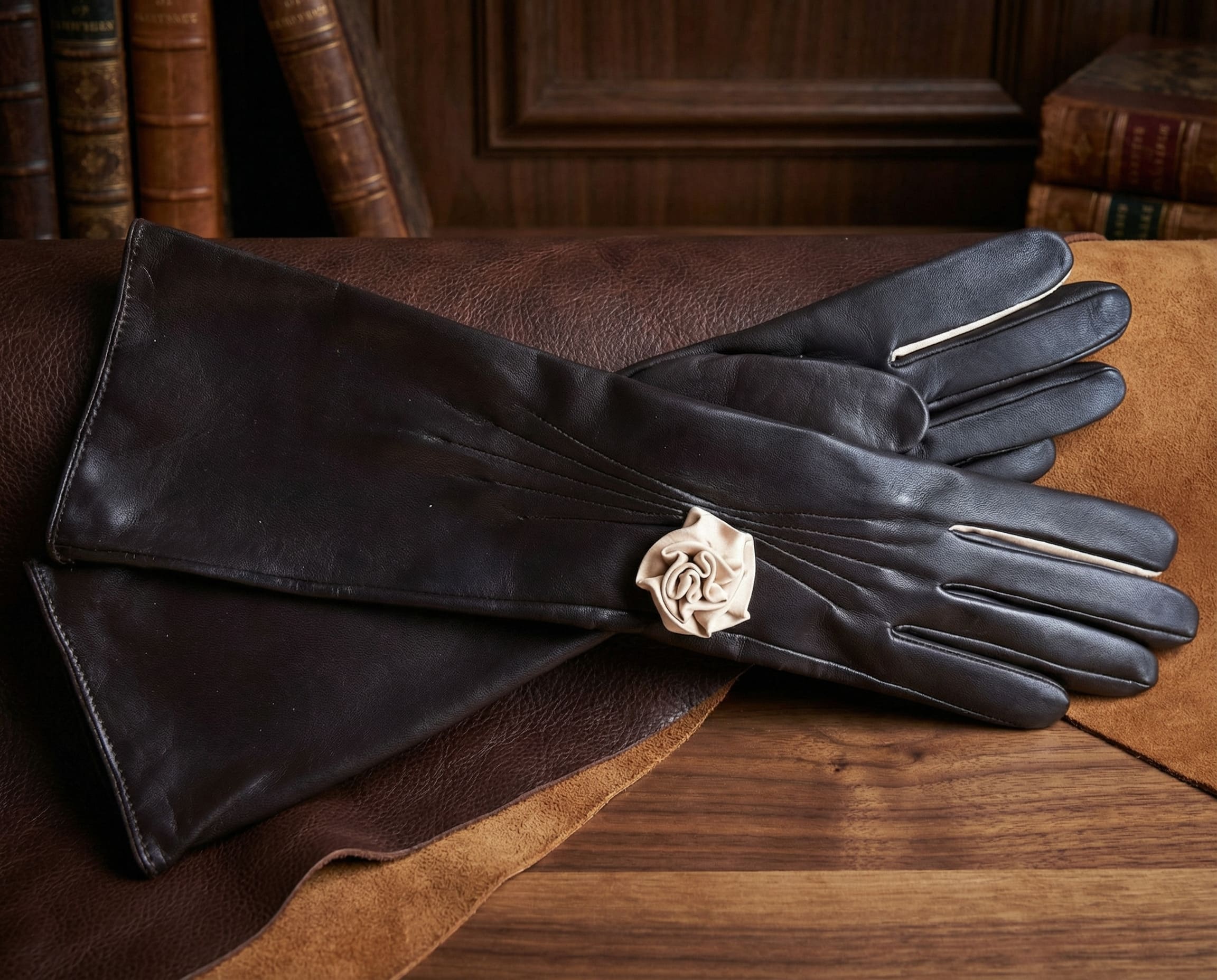 Women's Semi-Long Leather Gloves Italian Nappa Leather Silk Lined with Rose Design 28-30 CM