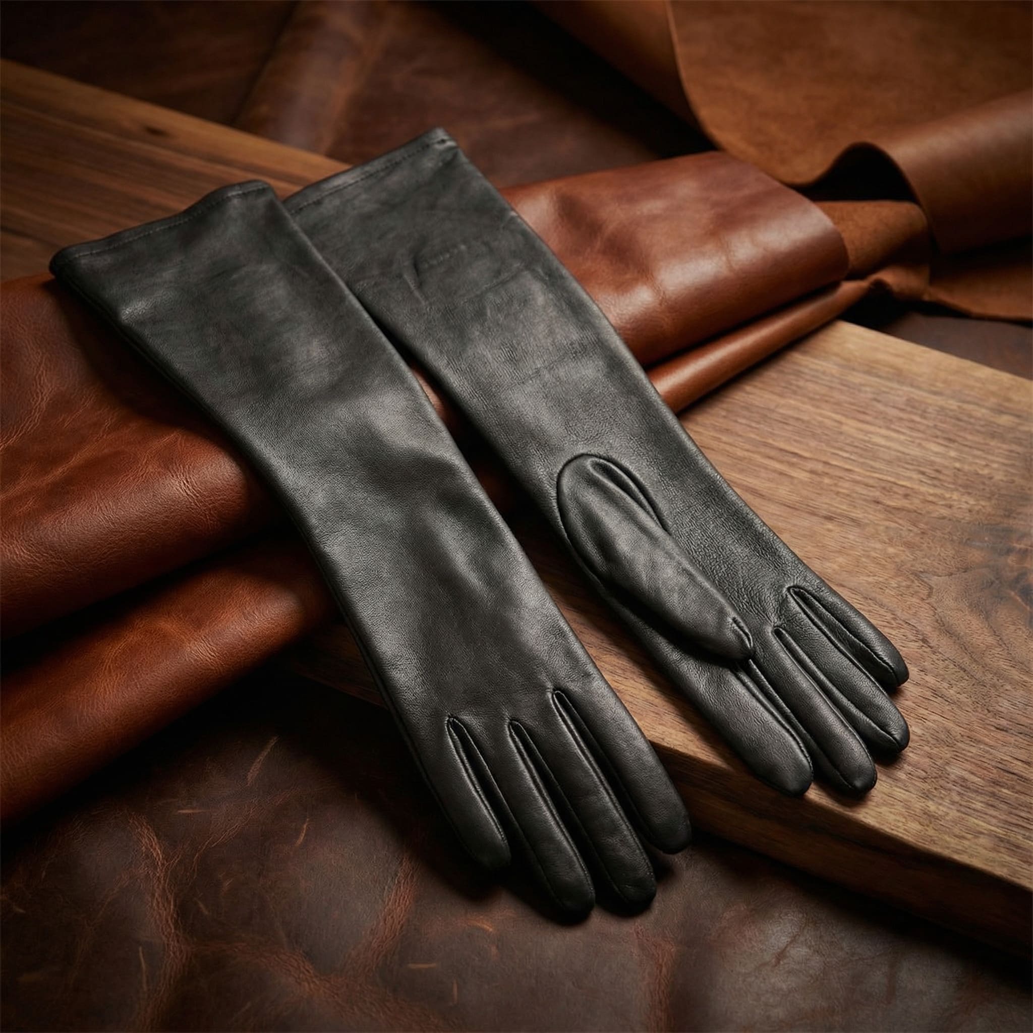 Women’s Black Lambskin Semi-Long Gloves 28–30 CM with Silk Lining