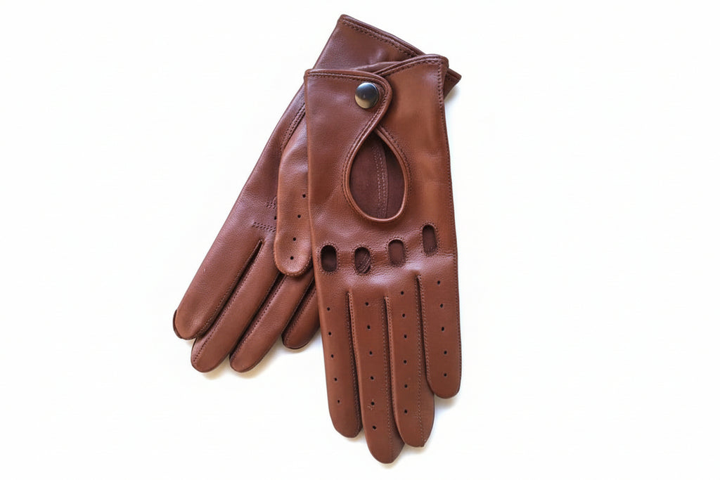Damen-Fahrhandschuhe aus Nappaleder, dünnes Leder in Kork und Cognac
