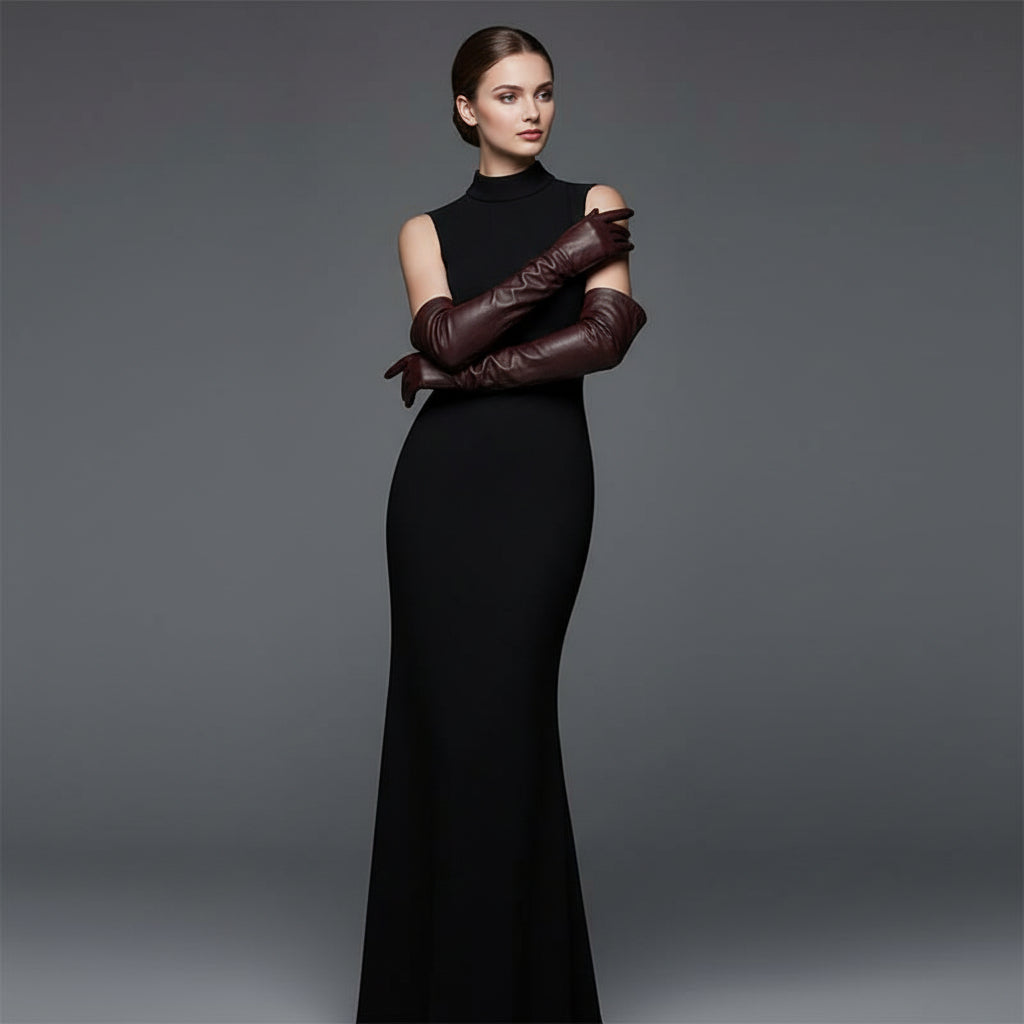 Women’s Opera Long Leather Gloves – Burgundy, Silk Lined, 40–42 cm