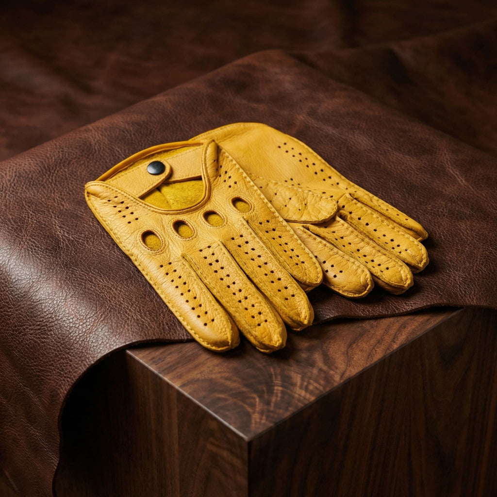 Men’s Driving Leather Gloves – Yellow, Deerskin, Handmade