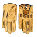 Men's yellow peccary driving gloves with black hand-sewn stitching and piping, open knuckles and snap closure