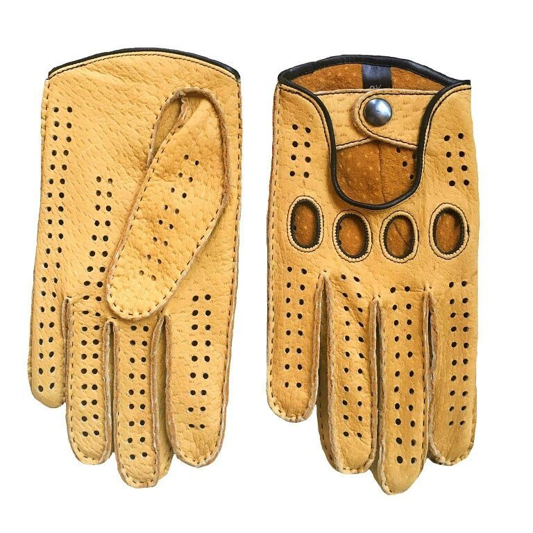 Men's yellow peccary driving gloves with black hand-sewn stitching and piping, open knuckles and snap closure